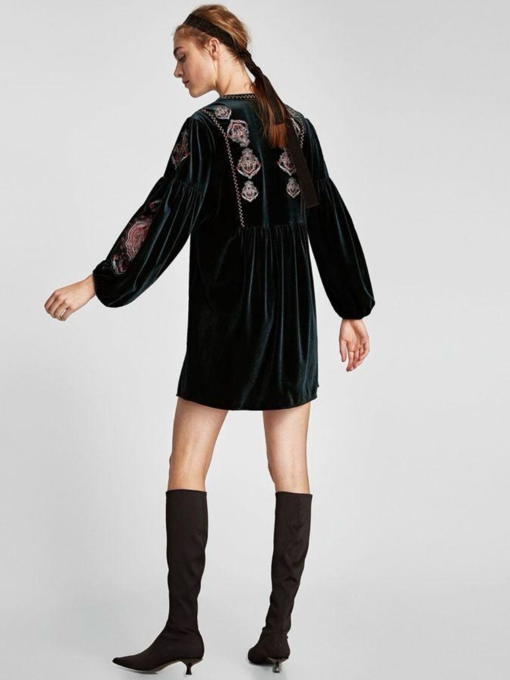 Zara green Velvet Embroidered Babydoll Dress with Pink Accents - Picture 4 of 10